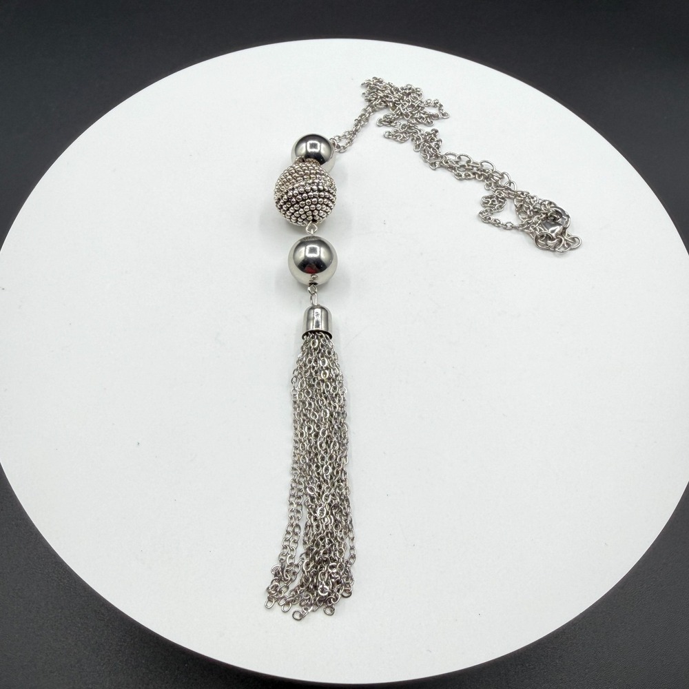 Silver Tone Textured Bead Chain Tassel Pendant Long Statement Necklace FashionSi